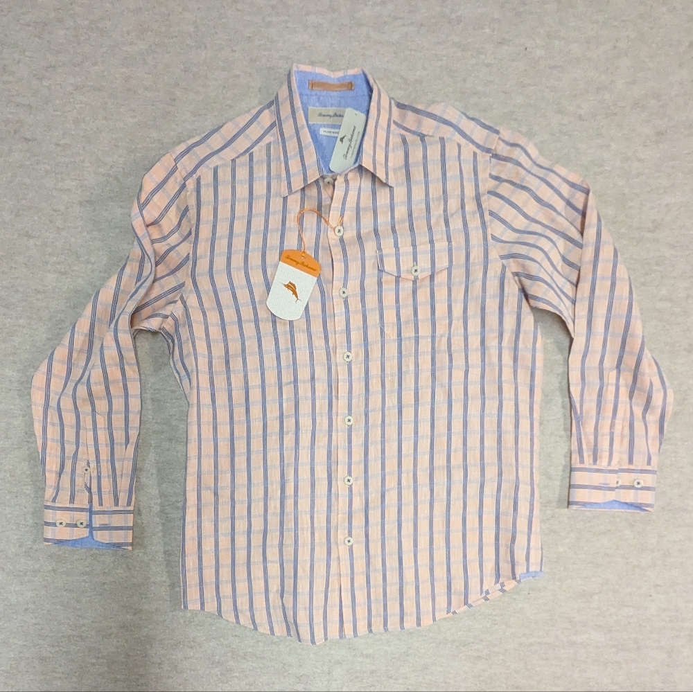 NWT* Linen Tommy Bahama Men's Peach & Blue Island Relaxed Fit Button Down M